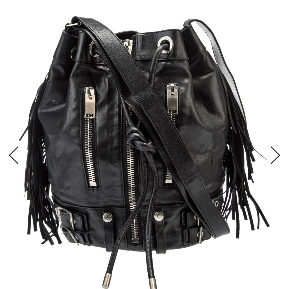 Saint Laurent Medium Rider Black Leather Fringe Bucket bag